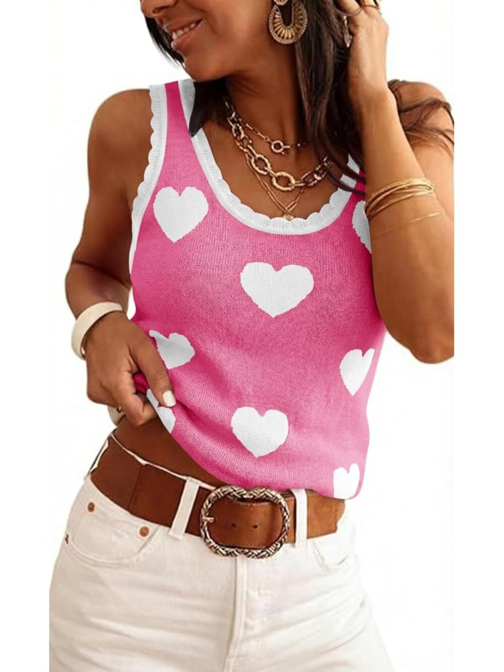 〽️ Women's Pink Heart Printed Sleeveless Scoop Neck Ribbed Summer Sweater Vest